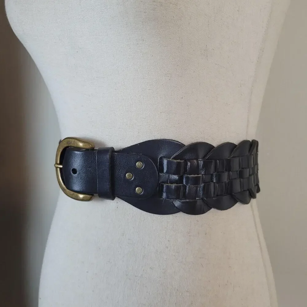Gap Belt Womens Large Black Leather Wide Woven Plaited Waist Brass Buckle Boho